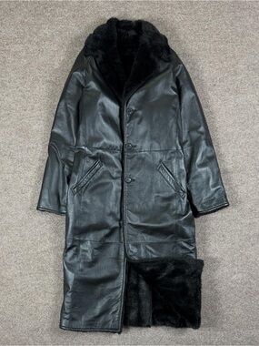 Vintage Black Leather Faux Fur Lined Reversible Floor Length Long Coat Women’s M